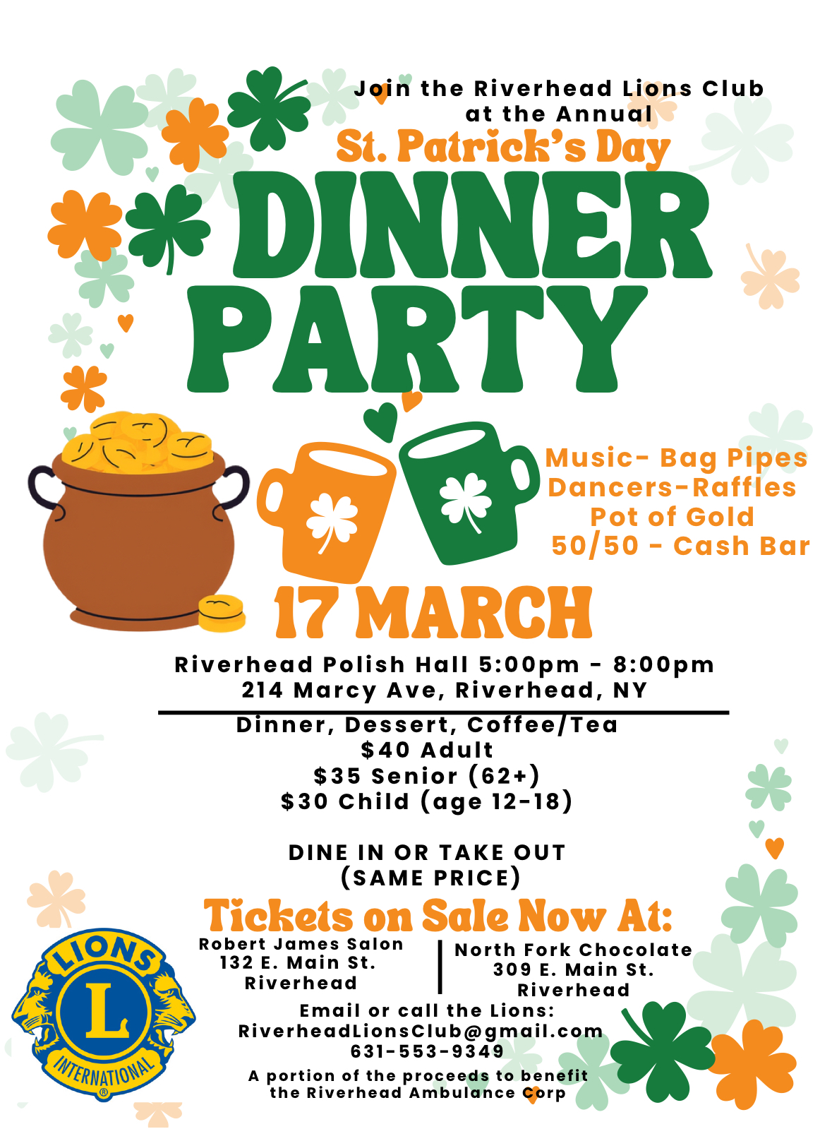 A St. Patrick’s Day “Dinner Party” event flyer with decorative shamrocks, a pot of gold, and beer mugs, plus substantial event text (date, time, location, prices, ticket outlets, and contact info) that should be transcribed.