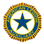 A graphic logo/emblem for the American Legion Auxiliary: a blue star inside a white circle with a gold border and the words “AMERICAN LEGION AUXILIARY” around it on a gray background.